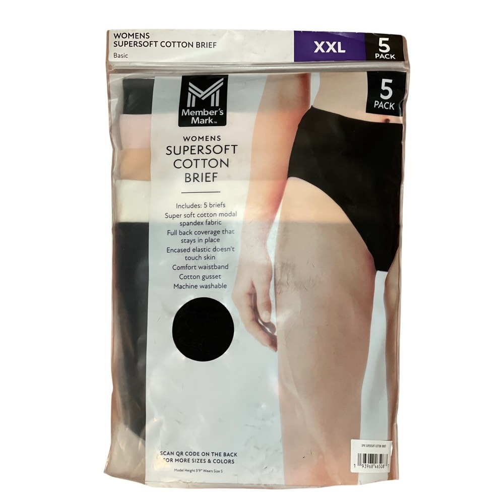 Member's Mark Womens Supersoft Cotton Brief 5 Pack XXL 20 Black Nude White Pink